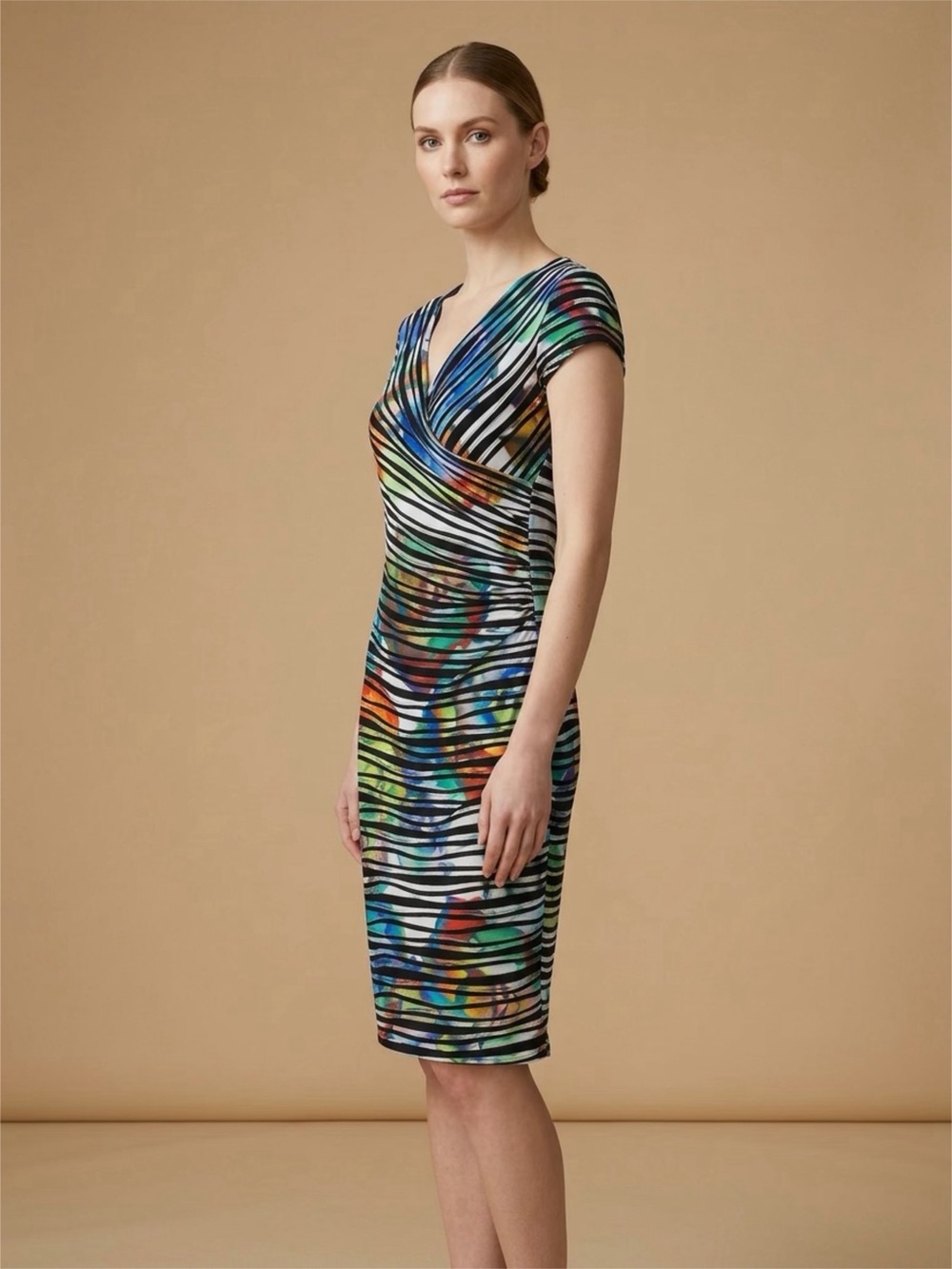 Joseph Ribkoff Multicolor Striped Wrap-Front Midi Dress Sz 10